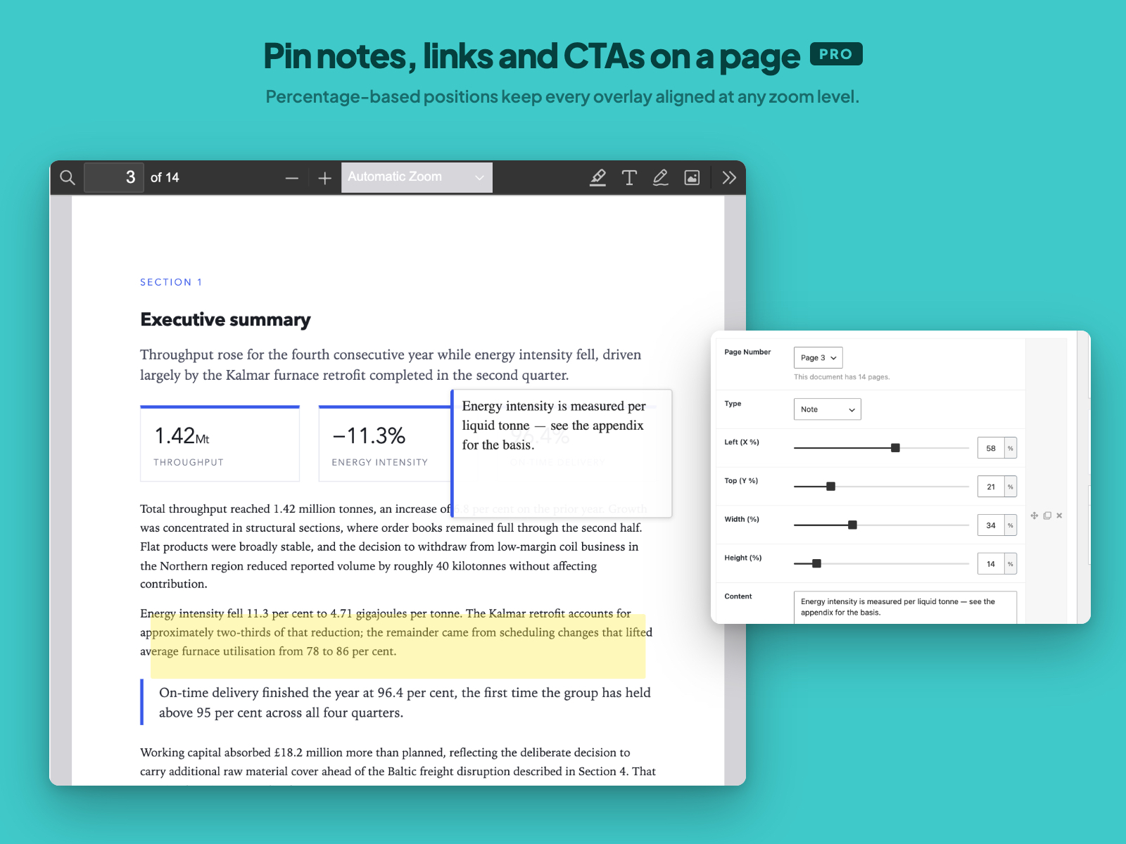 Pin notes, links and CTAs on a page (Pro) — Percentage-based positions keep every overlay aligned at any zoom level.