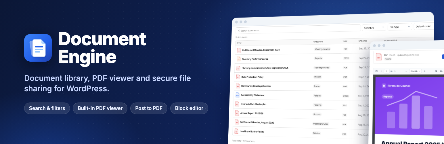 WordPress 外掛 Document Engine – Document Library, PDF Viewer & Post to PDF 的封面圖片