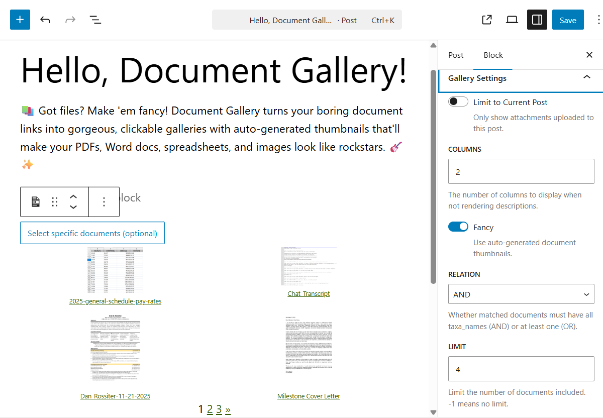 All gallery options are accessible through the block settings sidebar,
with real-time preview updates as you make changes.