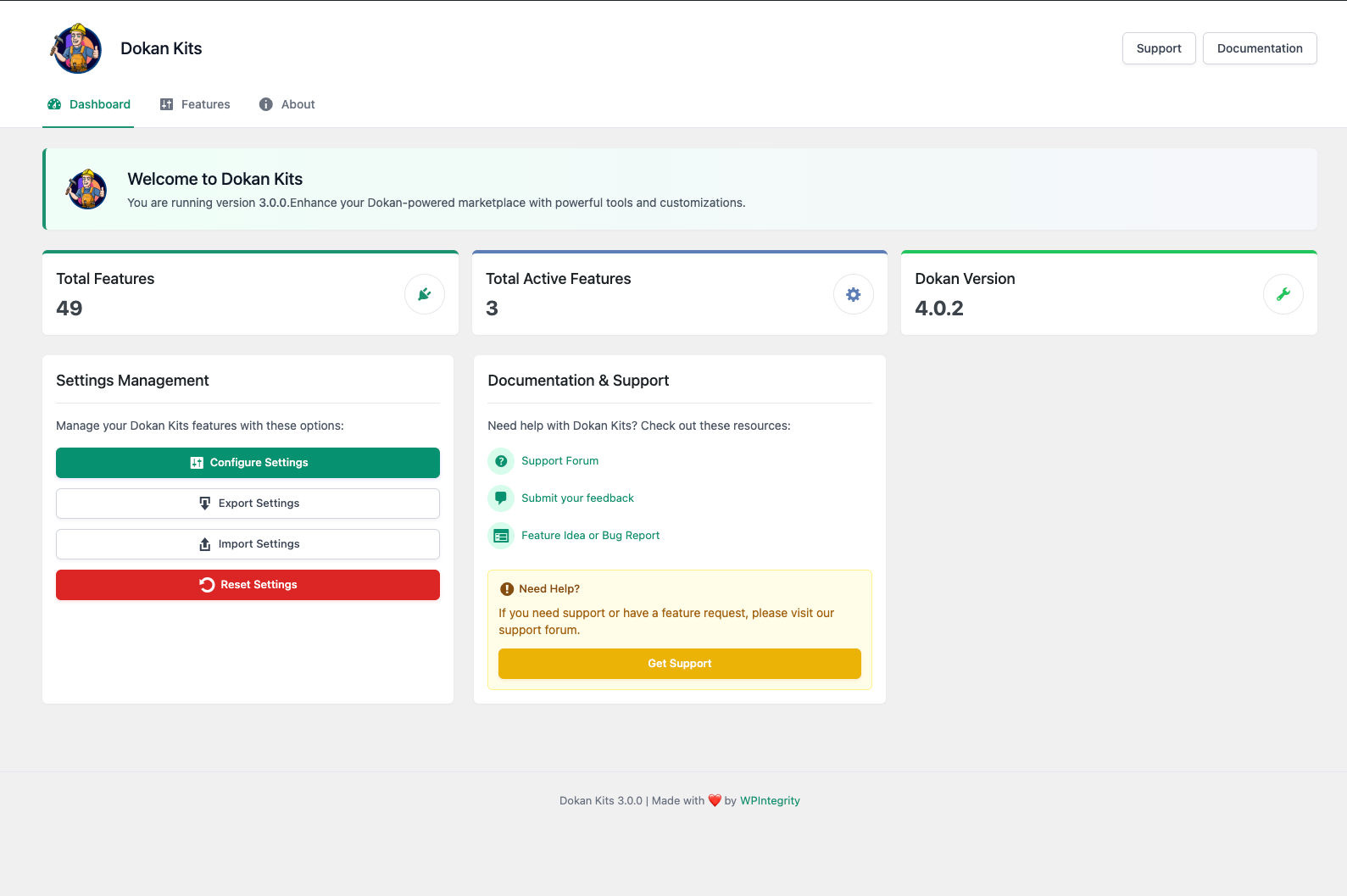 Main Dashboard - Overview of all Dokan Kits features and settings