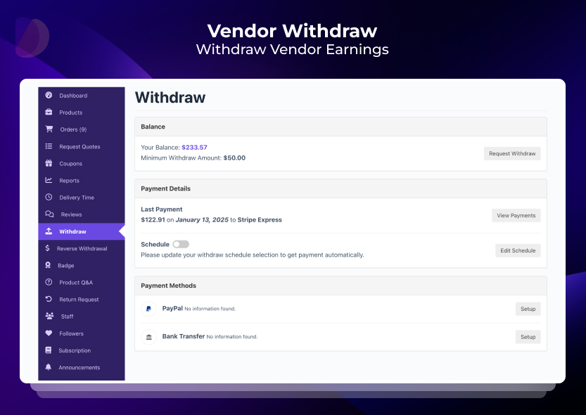 Frontend → Vendor Withdraw Methods