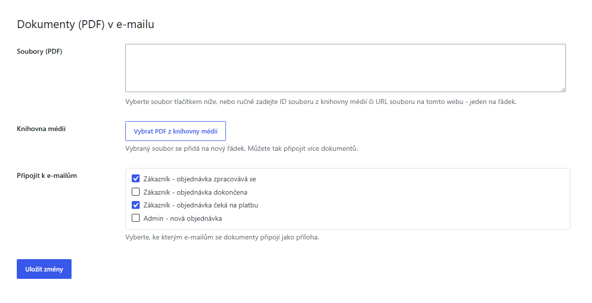 Plugin settings with the PDF document list, Media Library button, and selectable WooCommerce order emails.