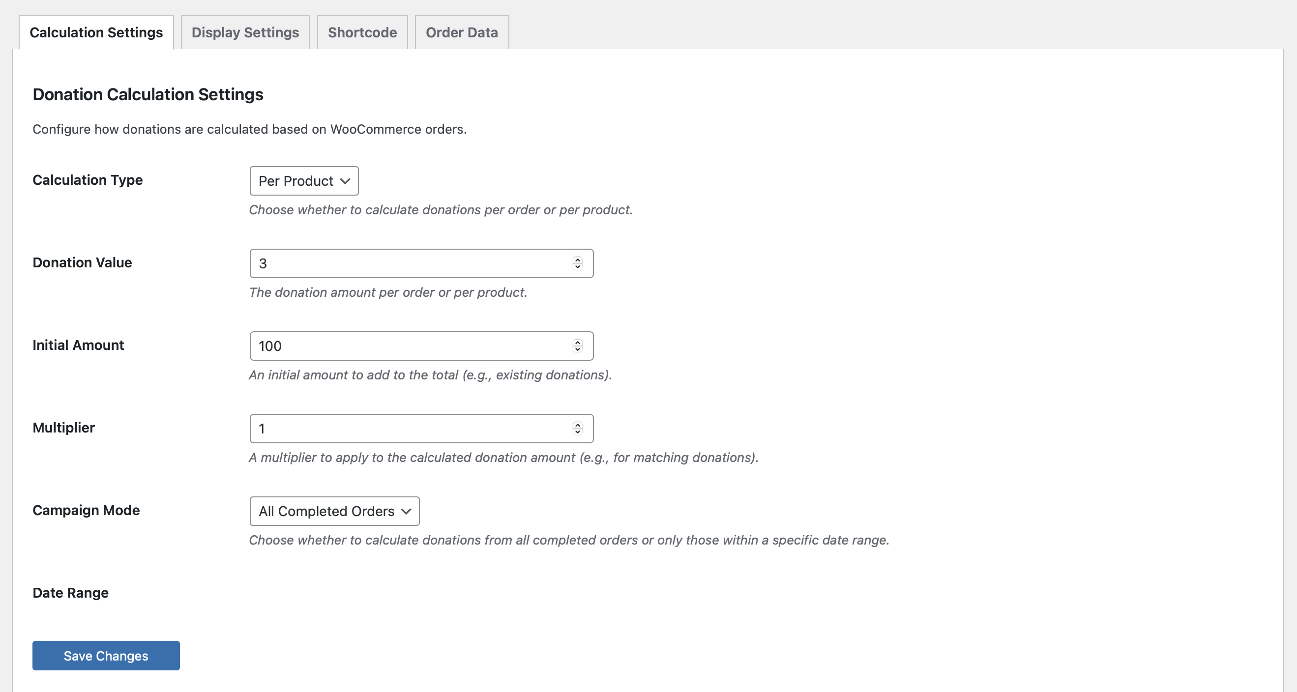 Settings page with calculation options