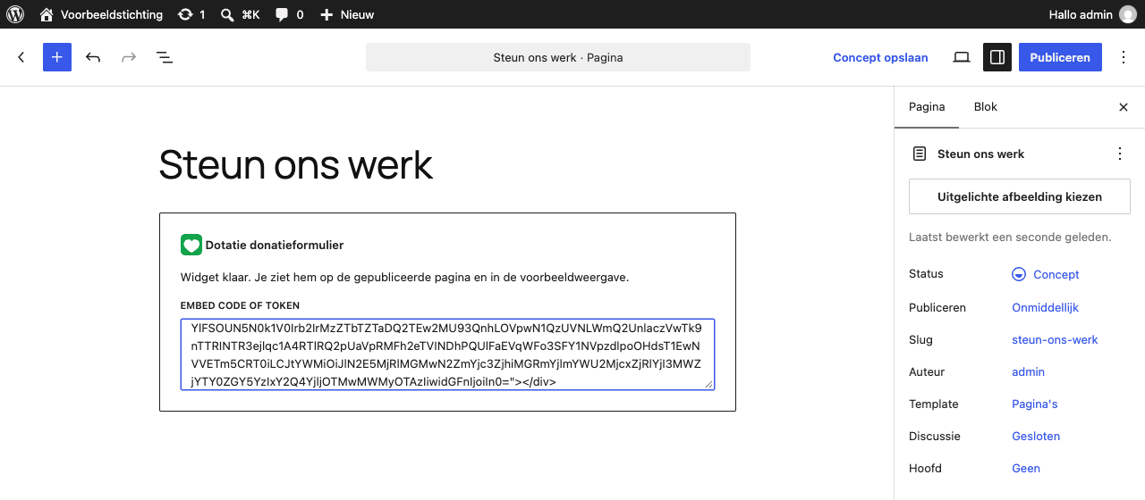 Het blok Dotatie donatieformulier in de editor, na het plakken van de insluitcode.