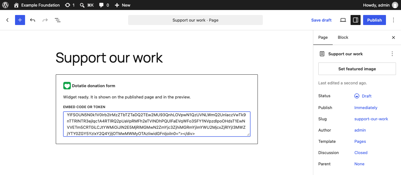 The Dotatie donation form block in the editor, after pasting the embed code.