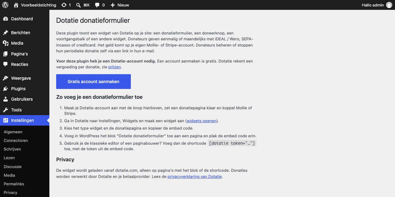 De instructiepagina onder Instellingen, Dotatie.