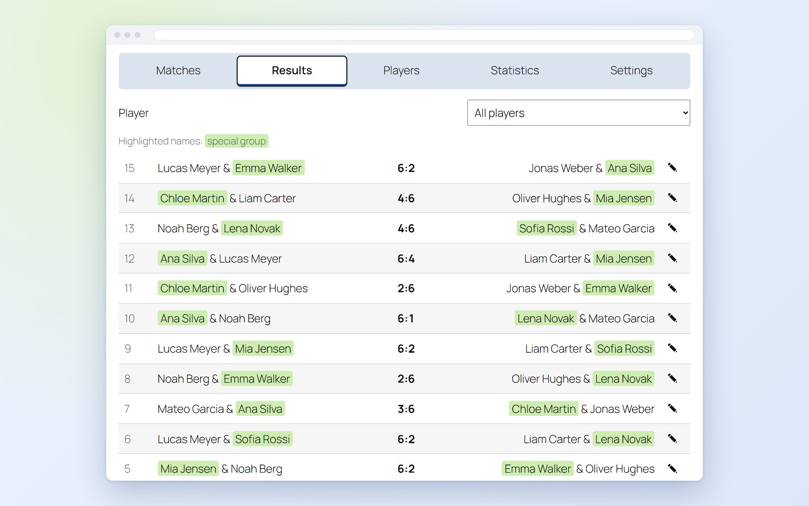 Results of all matches, with a filter by player.