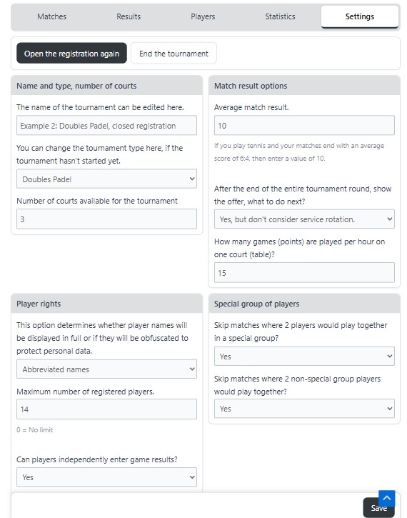 Editing tournament parameters. (Wordpress)