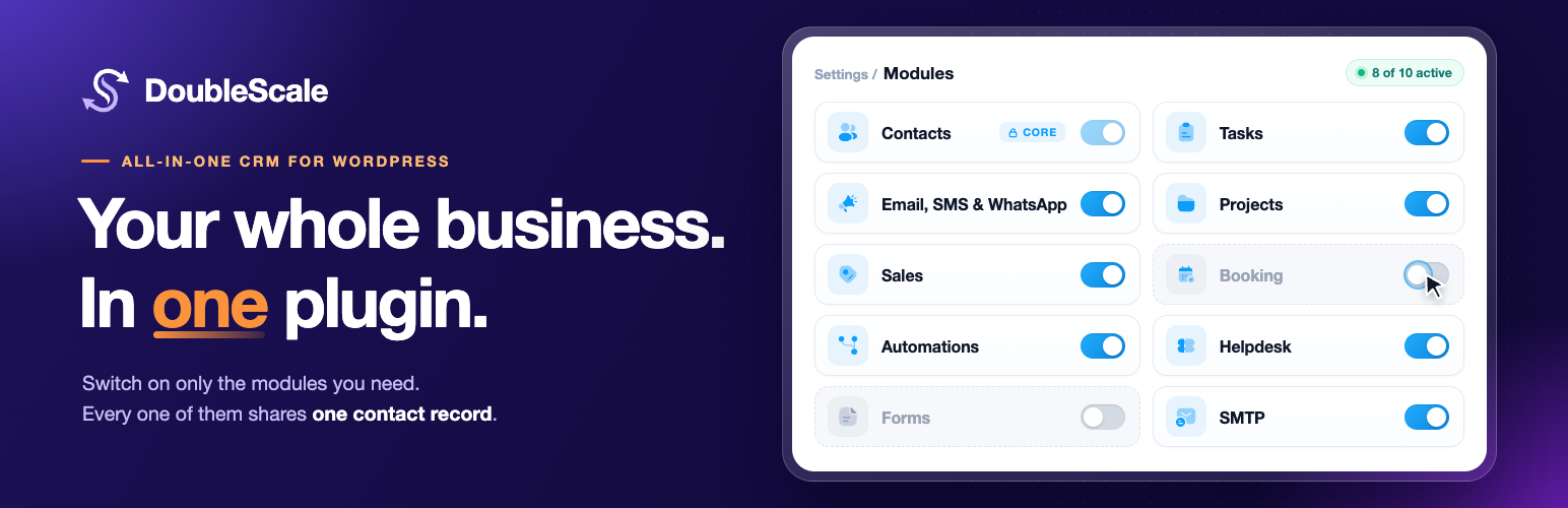 WordPress 外掛 DoubleScale CRM | All-in-One CRM – Sales, Multi-Channel Marketing, Newsletter, Booking, Helpdesk, Automation, MCP & More 的封面圖片