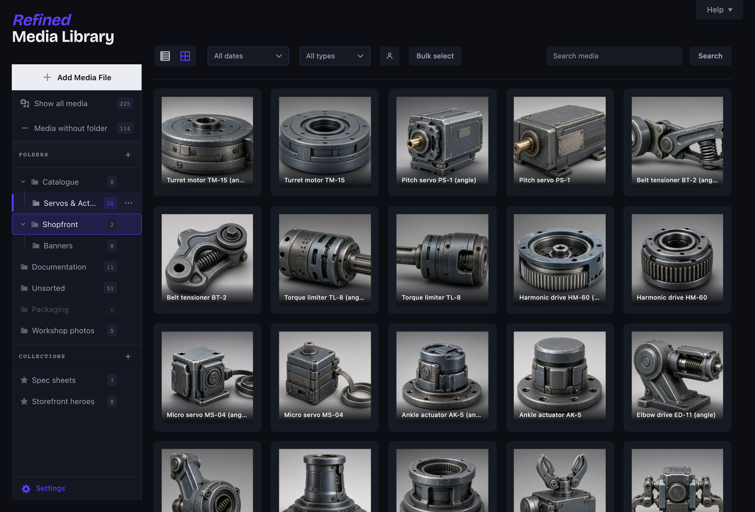 Drag folders to reorganise: re-parent or reorder, with live drop indicators.