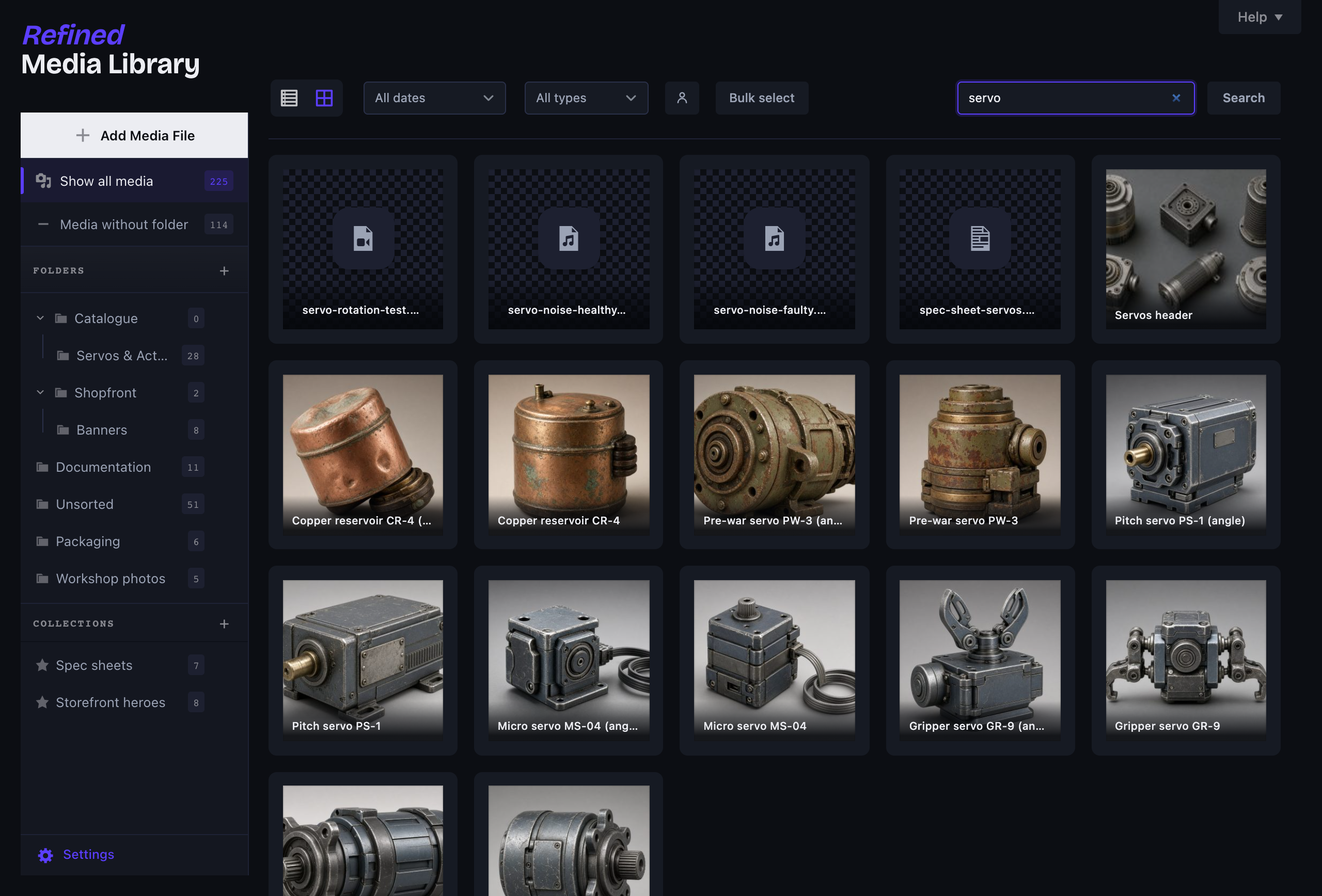 Search and filter the library by type, name, folder or collection.