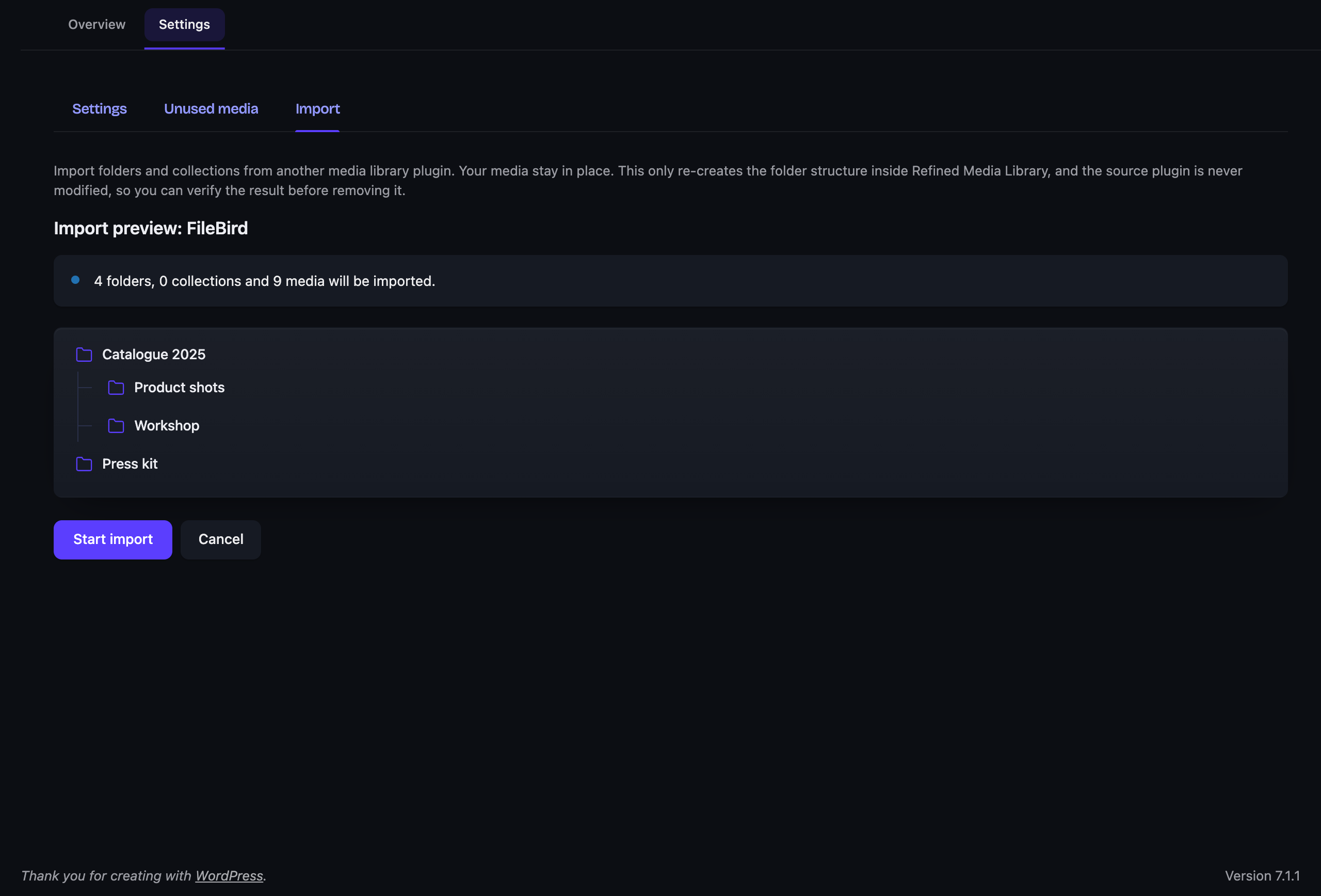 One-click import from FileBird, Real Media Library, HappyFiles, Folders and Enhanced Media Library.