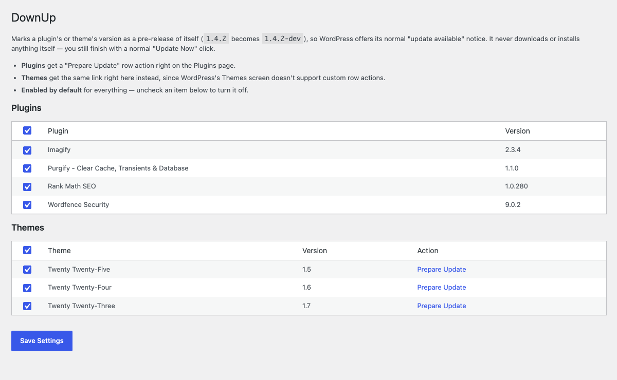 The Tools > DownUp screen: choose which plugins and themes get a "Prepare Update" action. Everything is enabled by default.