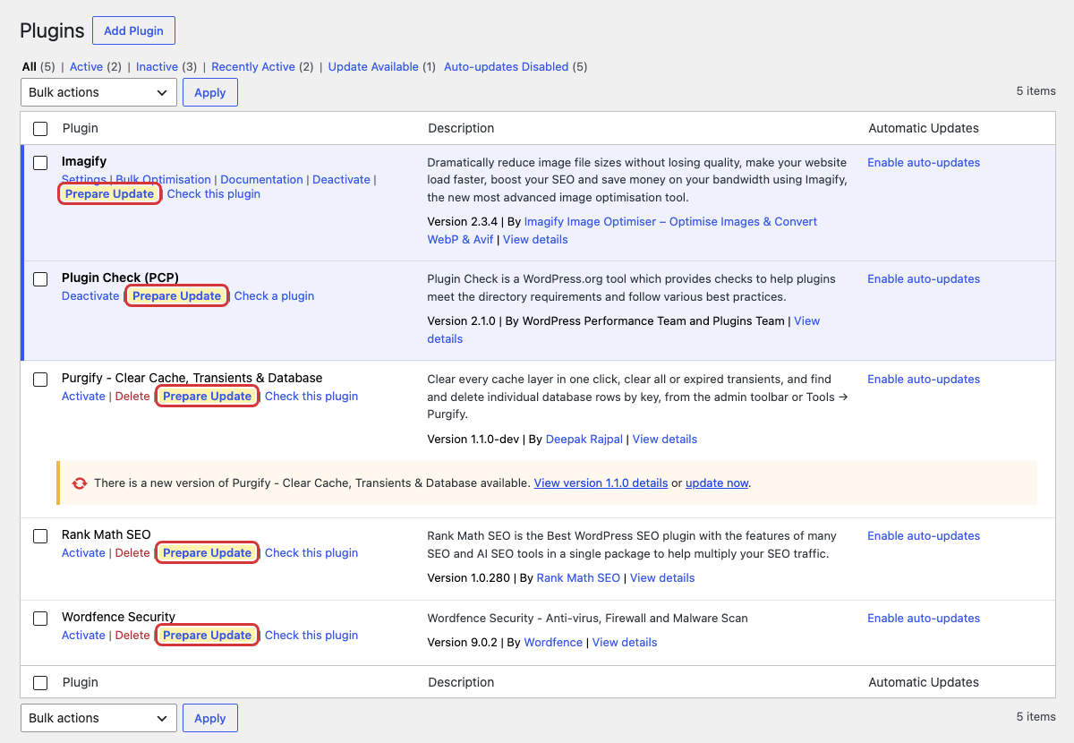 The Plugins screen: each plugin gets a "Prepare Update" row action (highlighted). After you click it, WordPress shows its normal "update available" notice (see the Purgify row) and Update Now finishes the job.