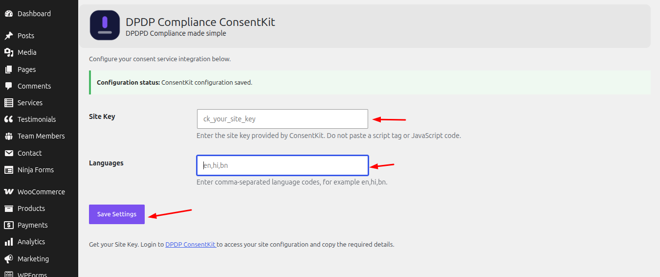Site Key and Languages settings.