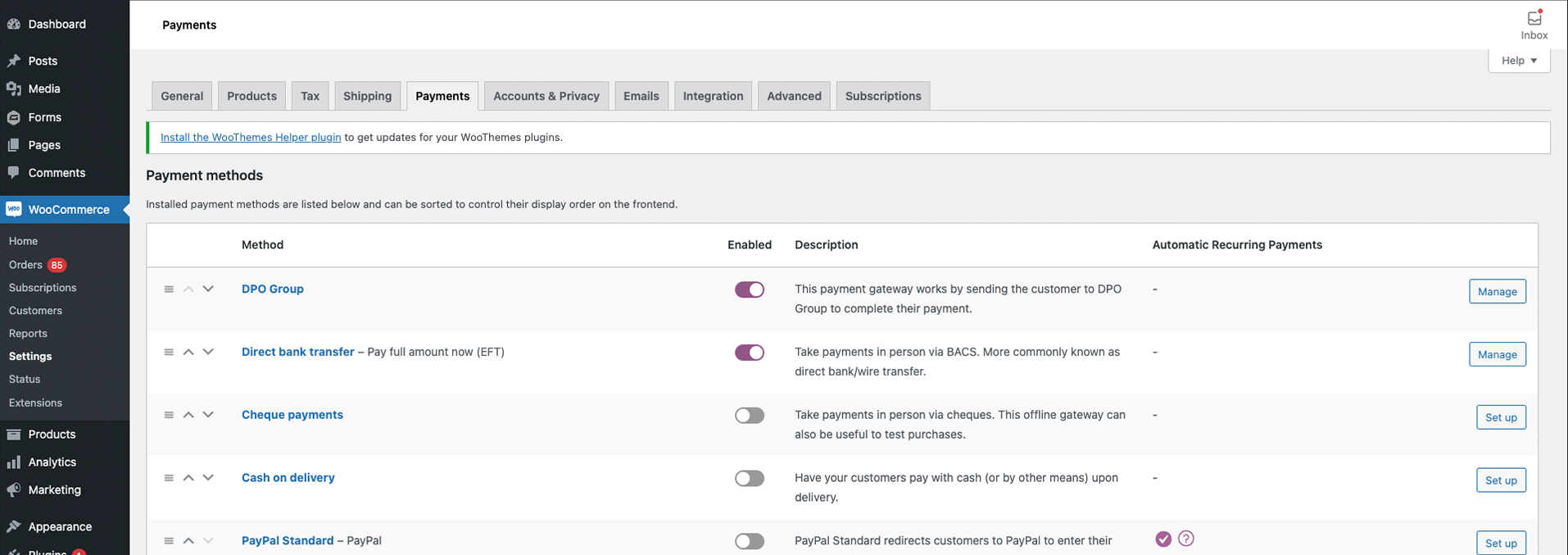WooCommerce Admin Payments Screen
