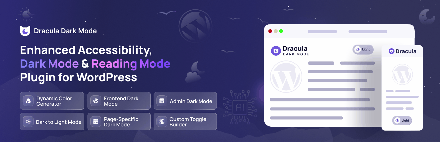 WordPress 外掛 Dracula Dark Mode –  Enhanced Accessibility, Dark Mode & Reading Mode for WordPress 的封面圖片。