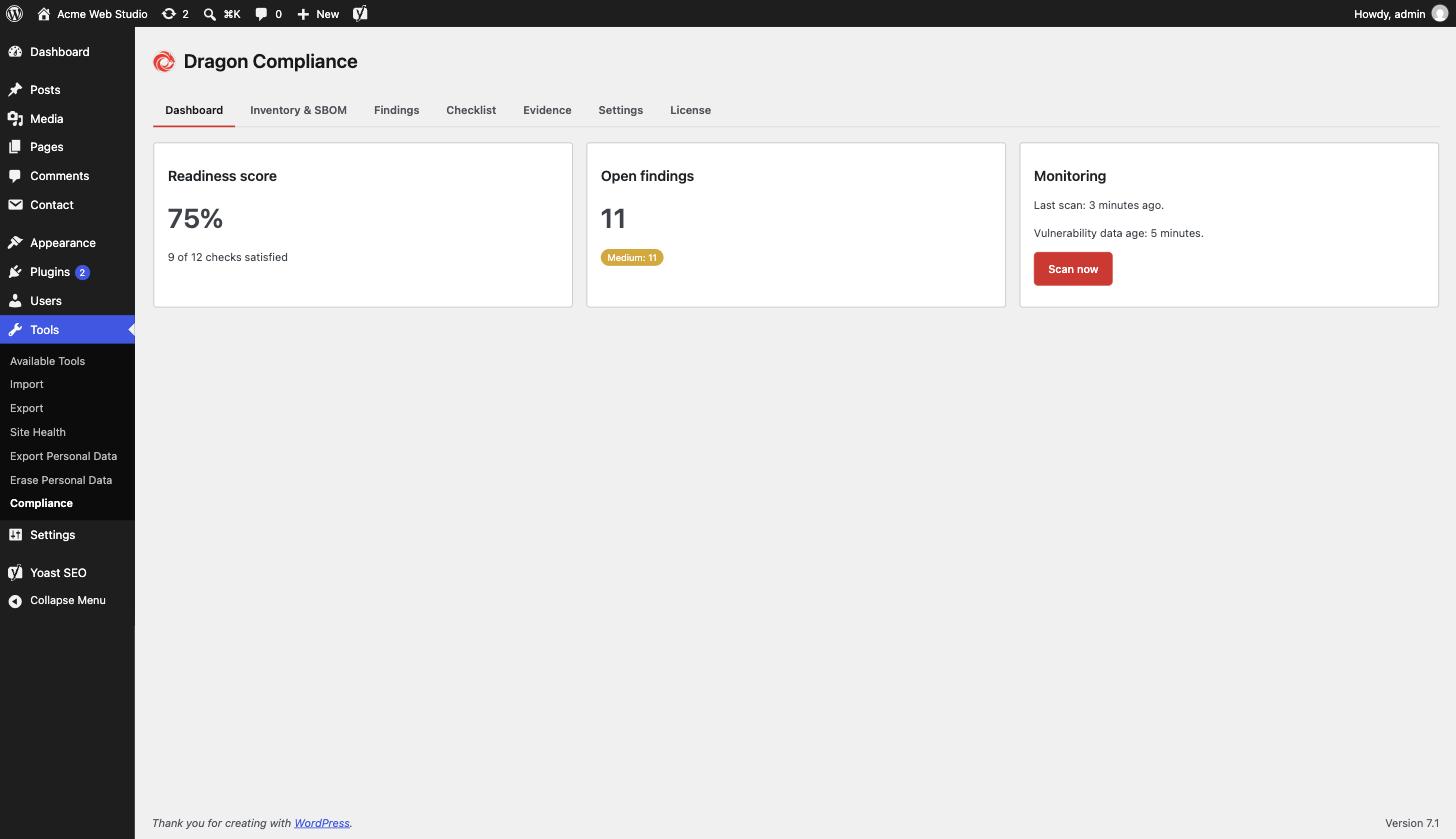 Dashboard - readiness score, open findings and vulnerability monitoring at a glance.