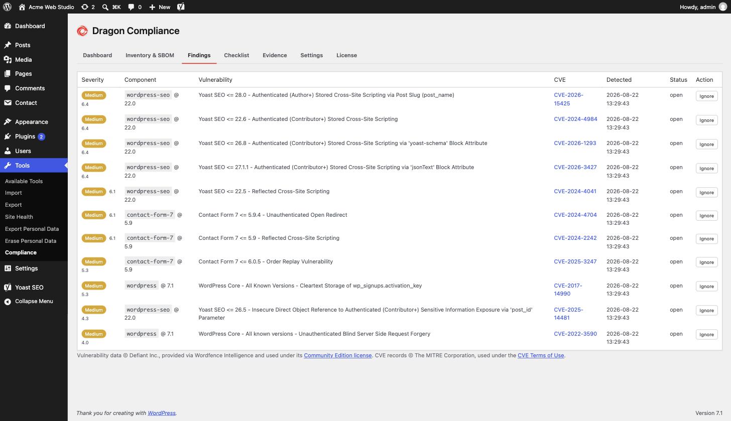 Findings - known vulnerabilities in installed plugins, themes and core, matched against the Wordfence Intelligence feed with CVE links.