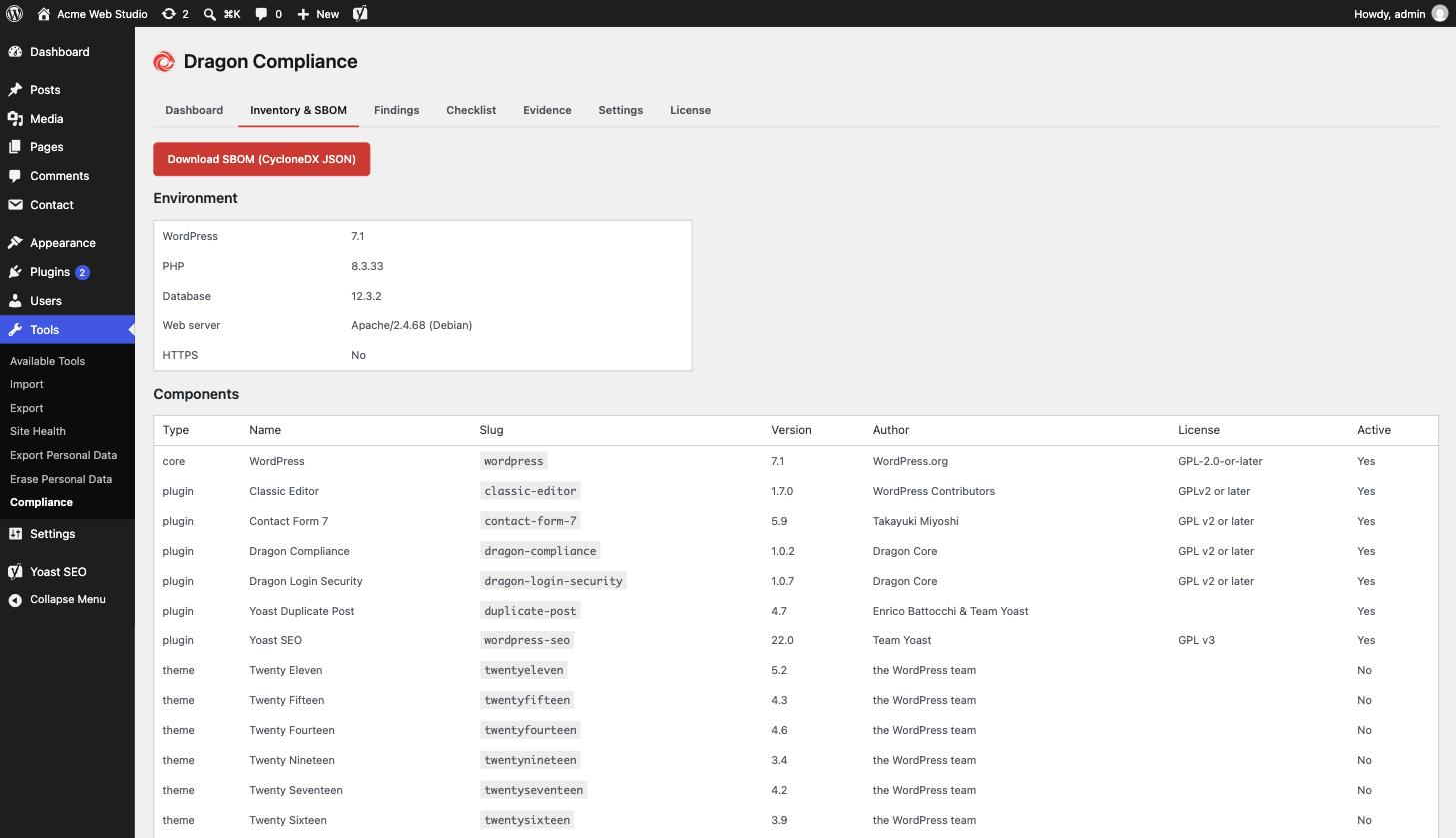 Inventory & SBOM - every component on the site, exportable as a CycloneDX SBOM in one click.
