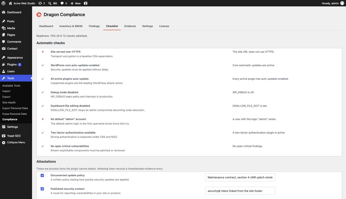 Checklist - automatic CRA readiness checks plus recorded process attestations.