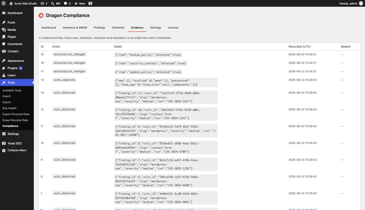Evidence - a timestamped log of every scan, detection and attestation.