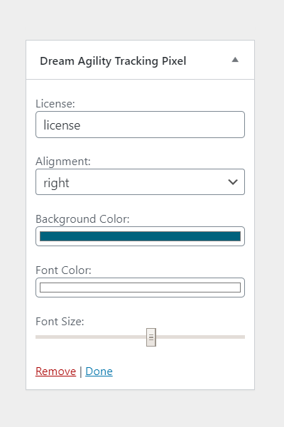 Dream Agility - Tracking Pixel Widget Settings