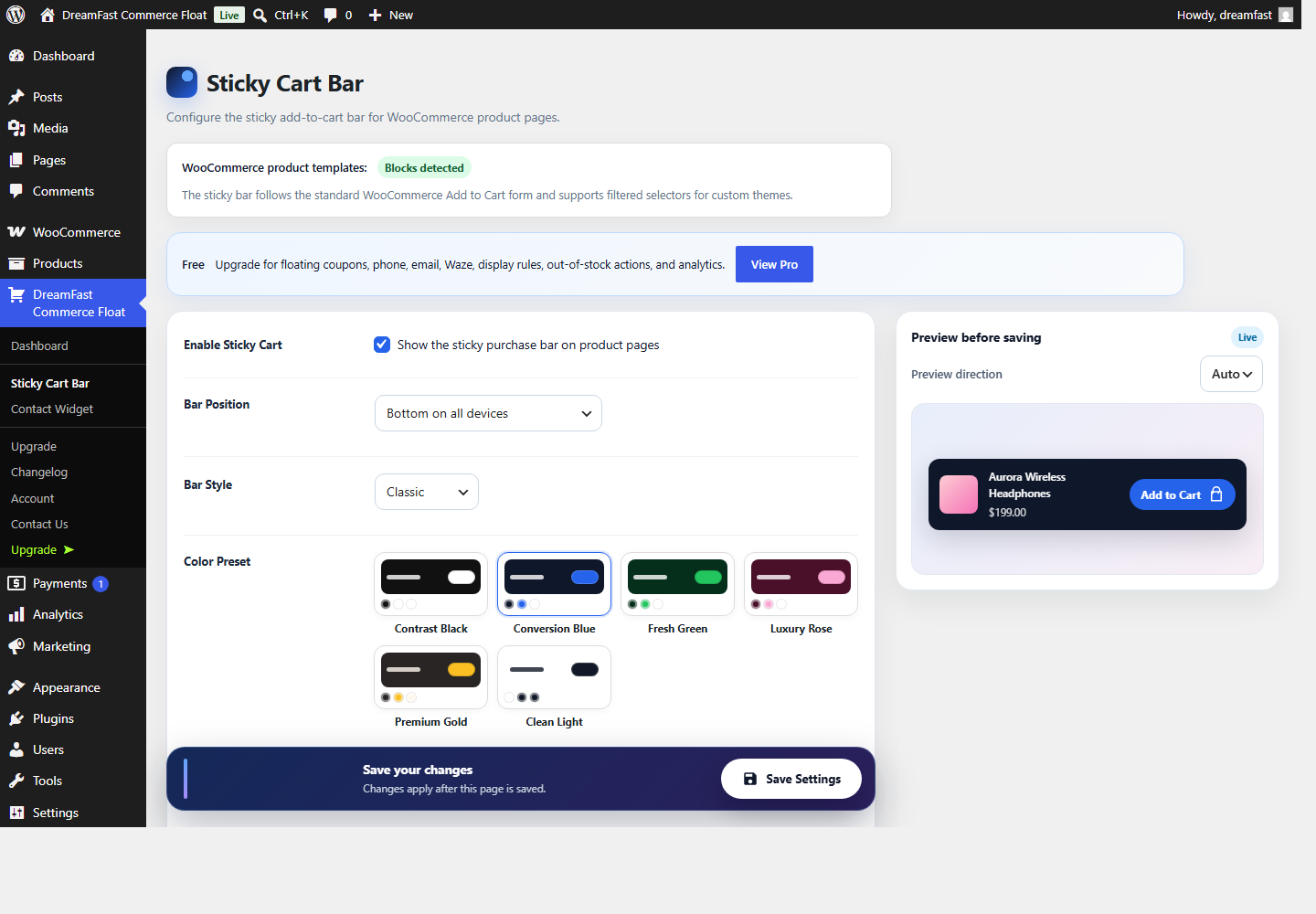 Sticky add-to-cart bar settings with style, preset, icon, and live preview.