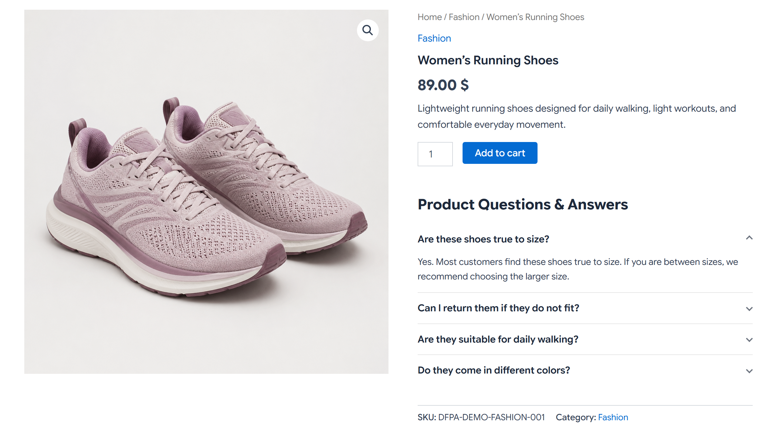 The Questions & Answers accordion on a WooCommerce product page.
