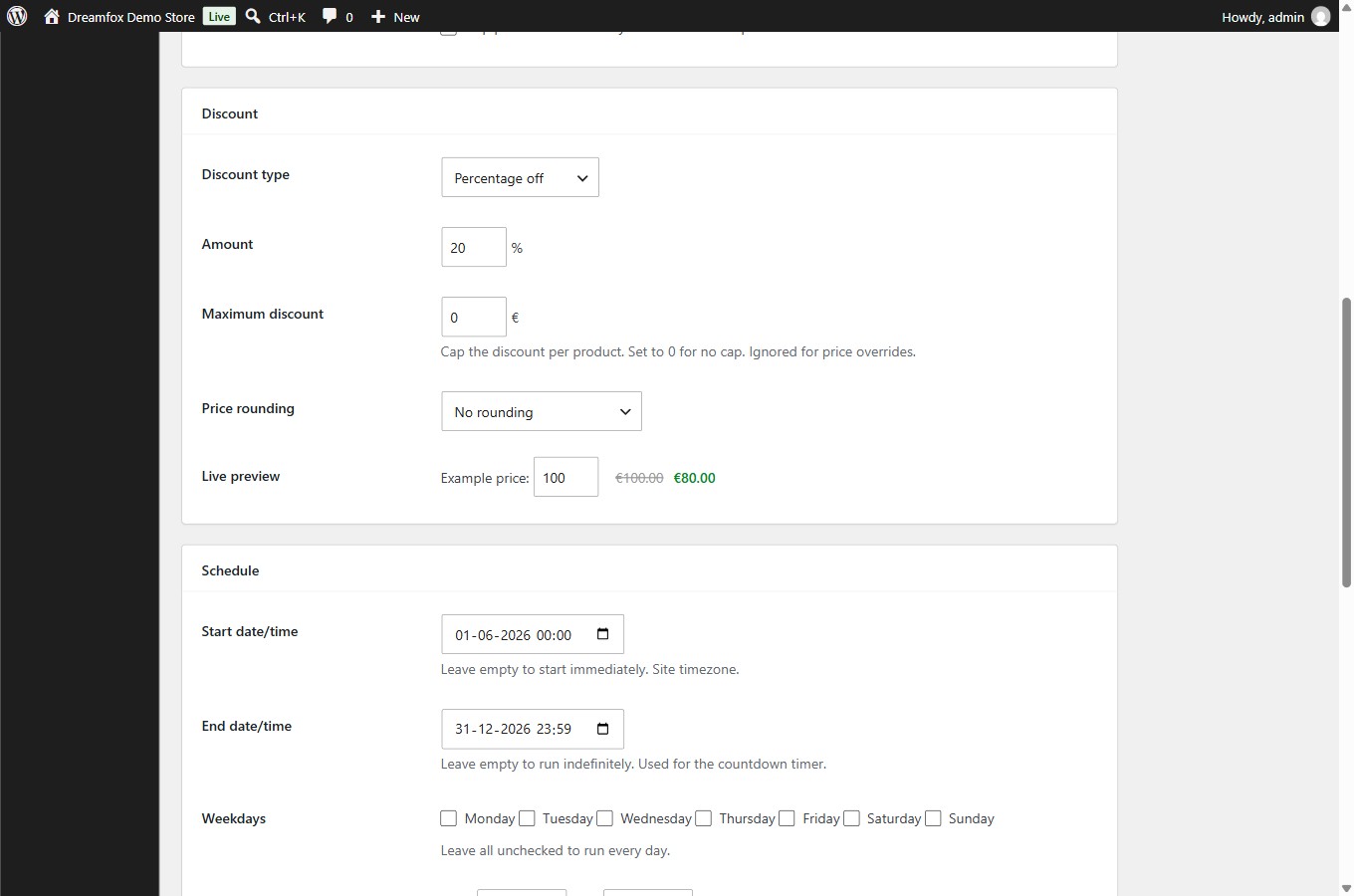 Rule editor with discount type, maximum discount, price rounding and a live price preview.