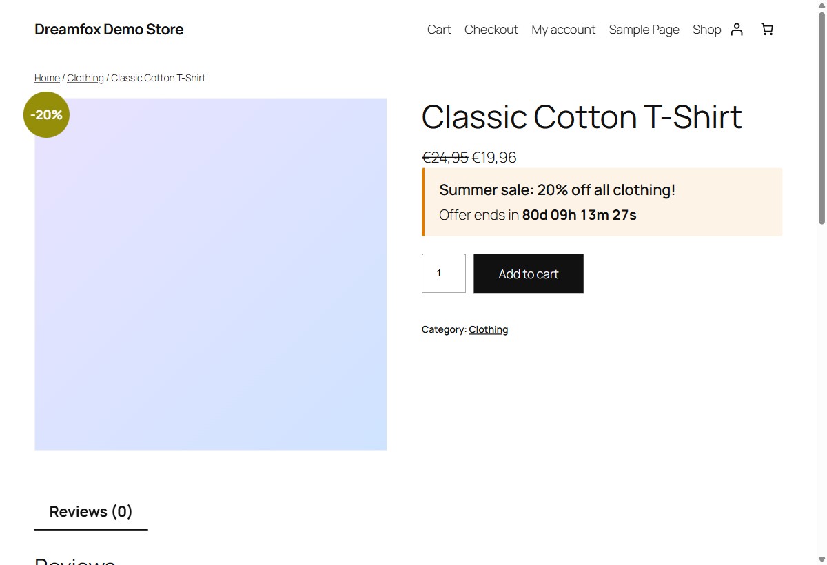 Product page with strikethrough price, sale badge and a promo message with countdown timer.