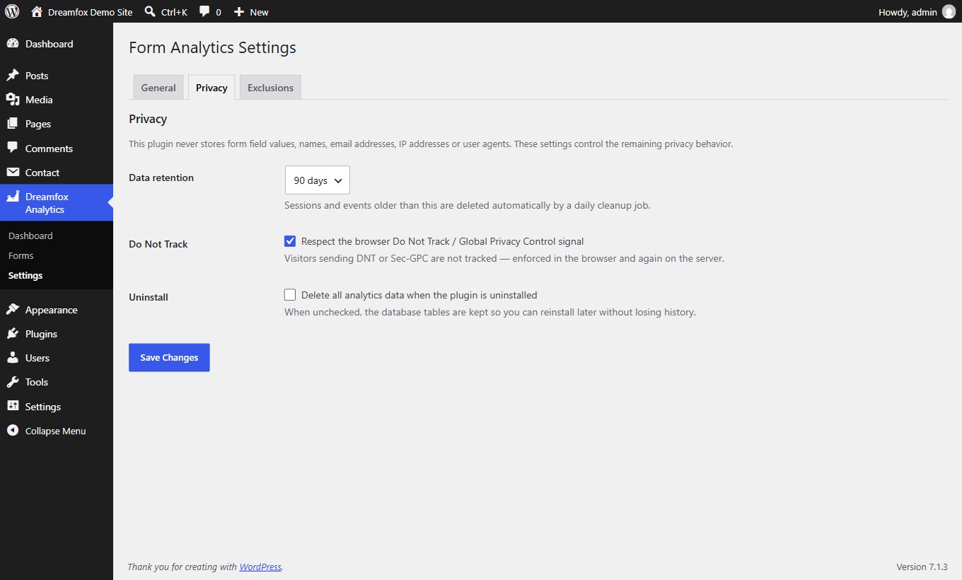 Settings: tracking, privacy and exclusion options.
