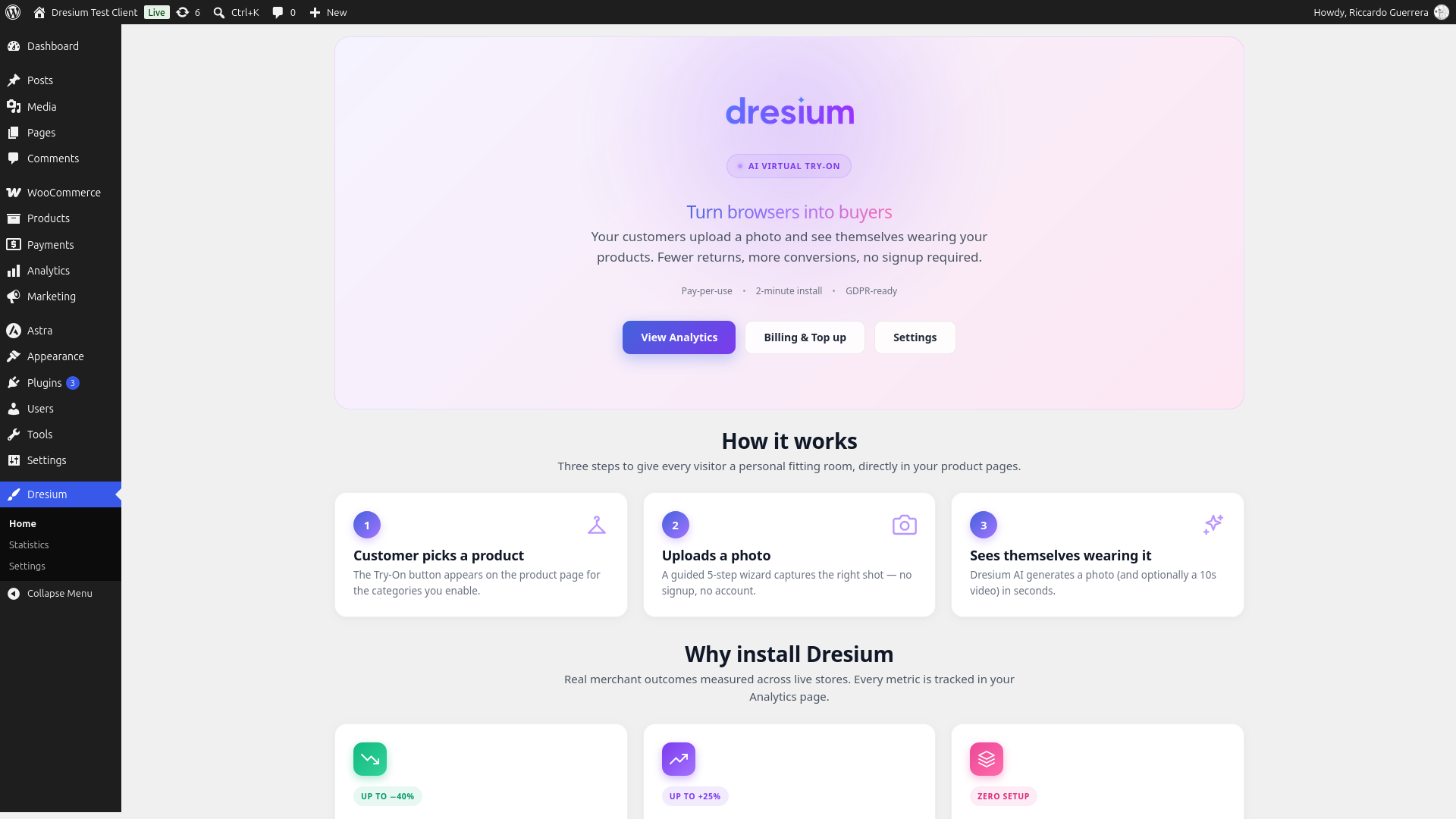 Dresium admin home — overview of your AI virtual try-on with key metrics and quick actions.