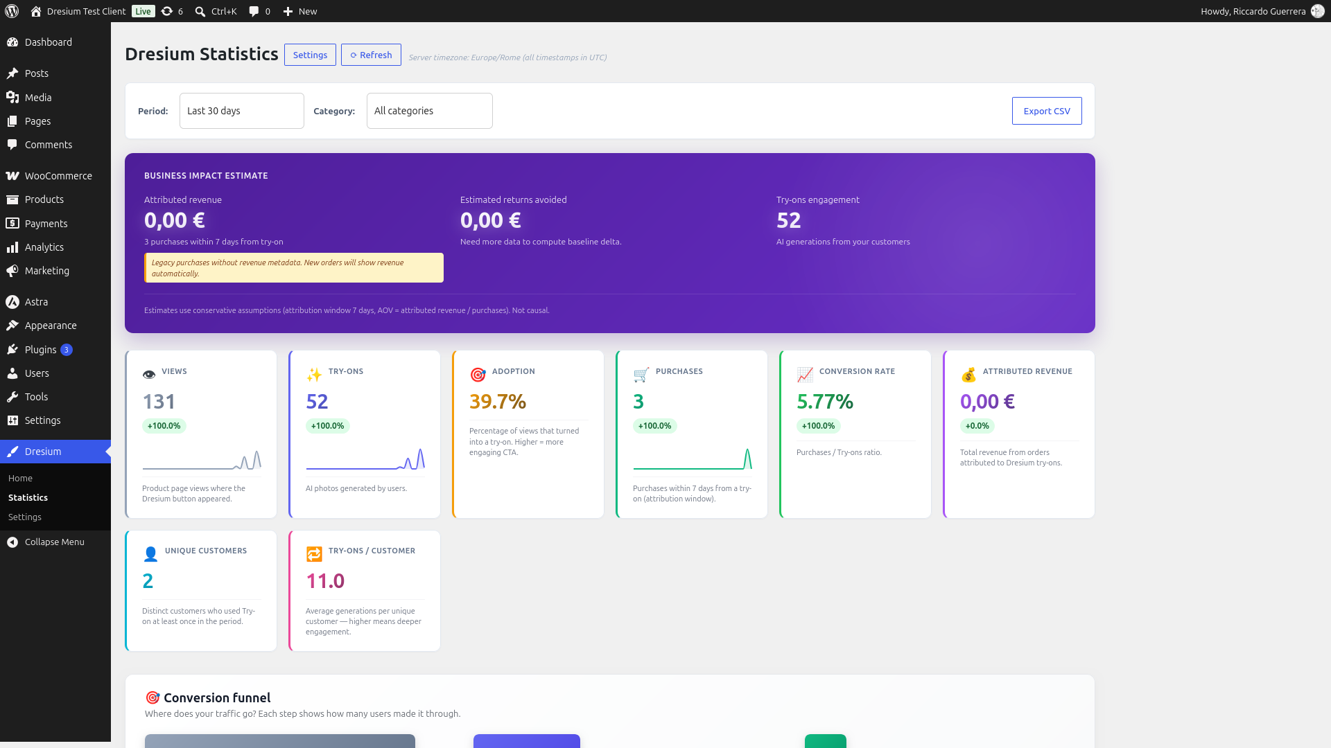 Analytics — try-ons, purchases, conversion rate and revenue attributed to the virtual try-on, with 7/30/90-day filters.
