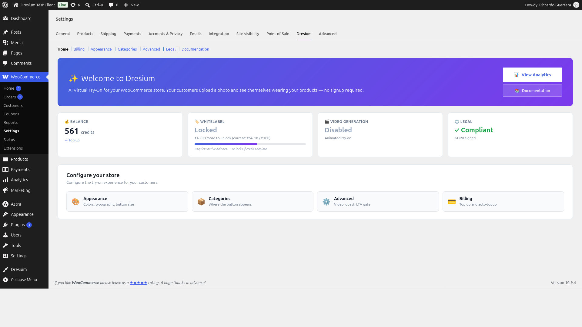 Main settings — general configuration of the Dresium virtual try-on plugin.