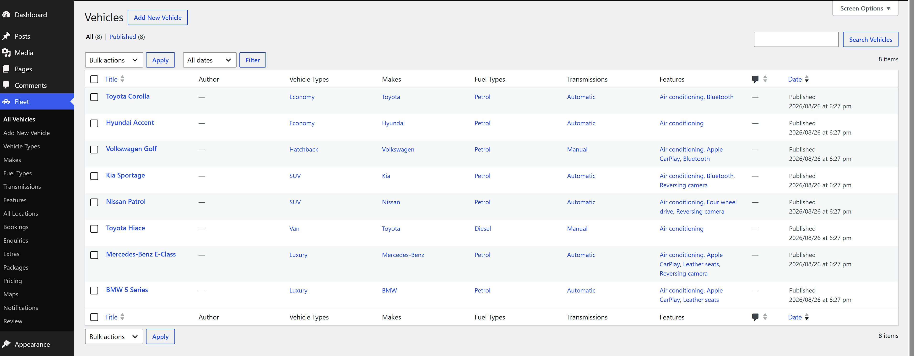 The Fleet menu, listing every vehicle with the make, type, fuel, transmission and features it is filed under.