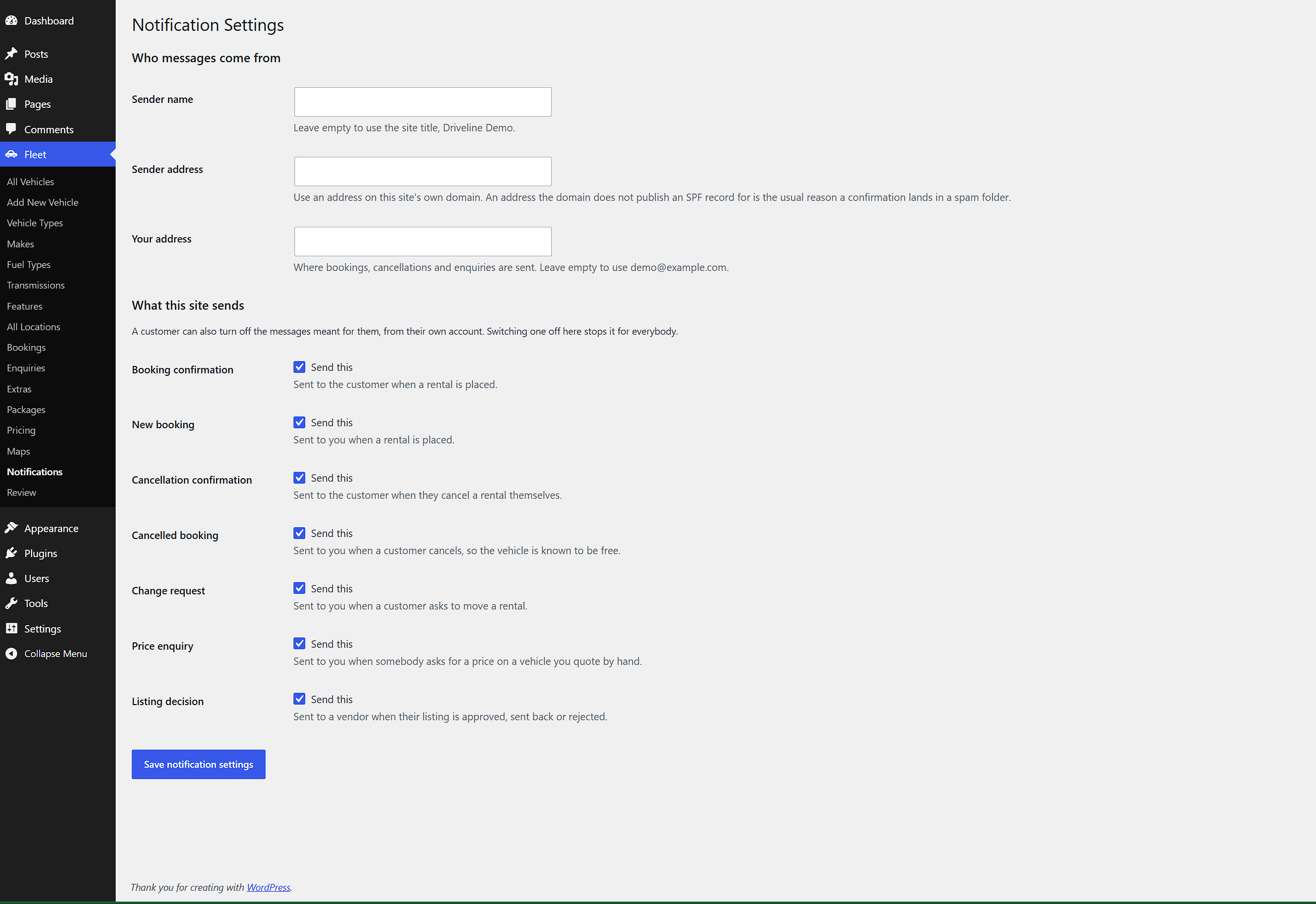 Notification settings, naming who each message comes from and letting an operator switch any of them off.