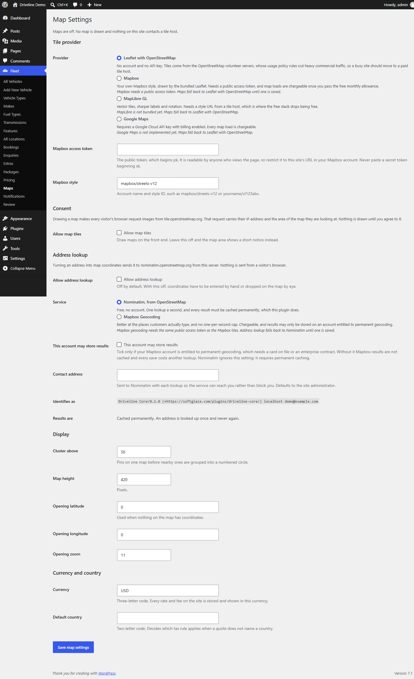 Map settings. Every external service is off until an administrator turns it on, and the screen says what each one sends and to whom.