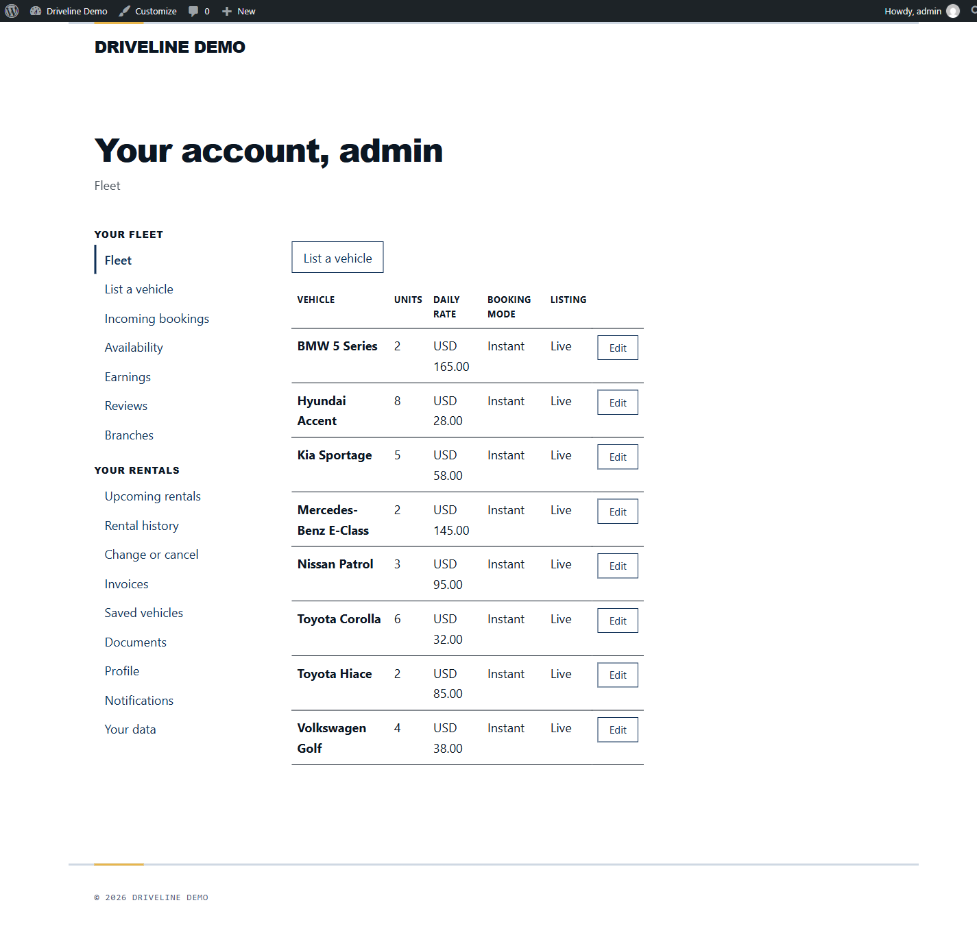 The operator dashboard, with every vehicle, the units behind it, the rate it is priced at and whether it takes an instant booking.