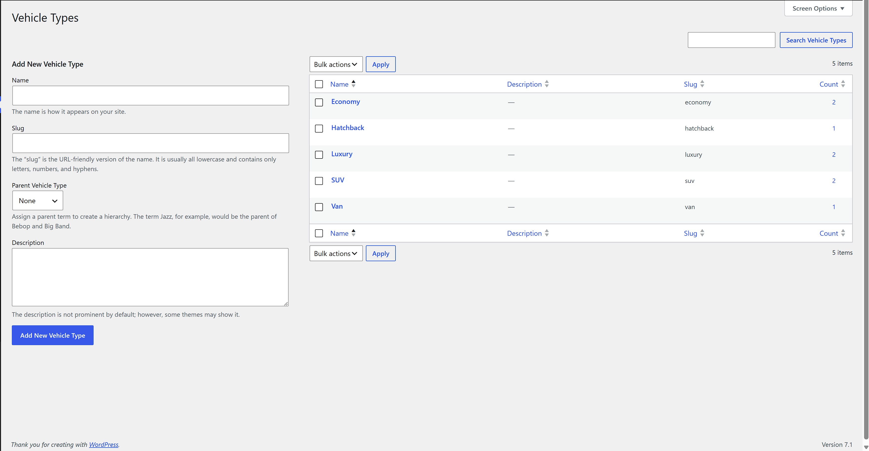Vehicle types, one of the five taxonomies every listing is filed under.