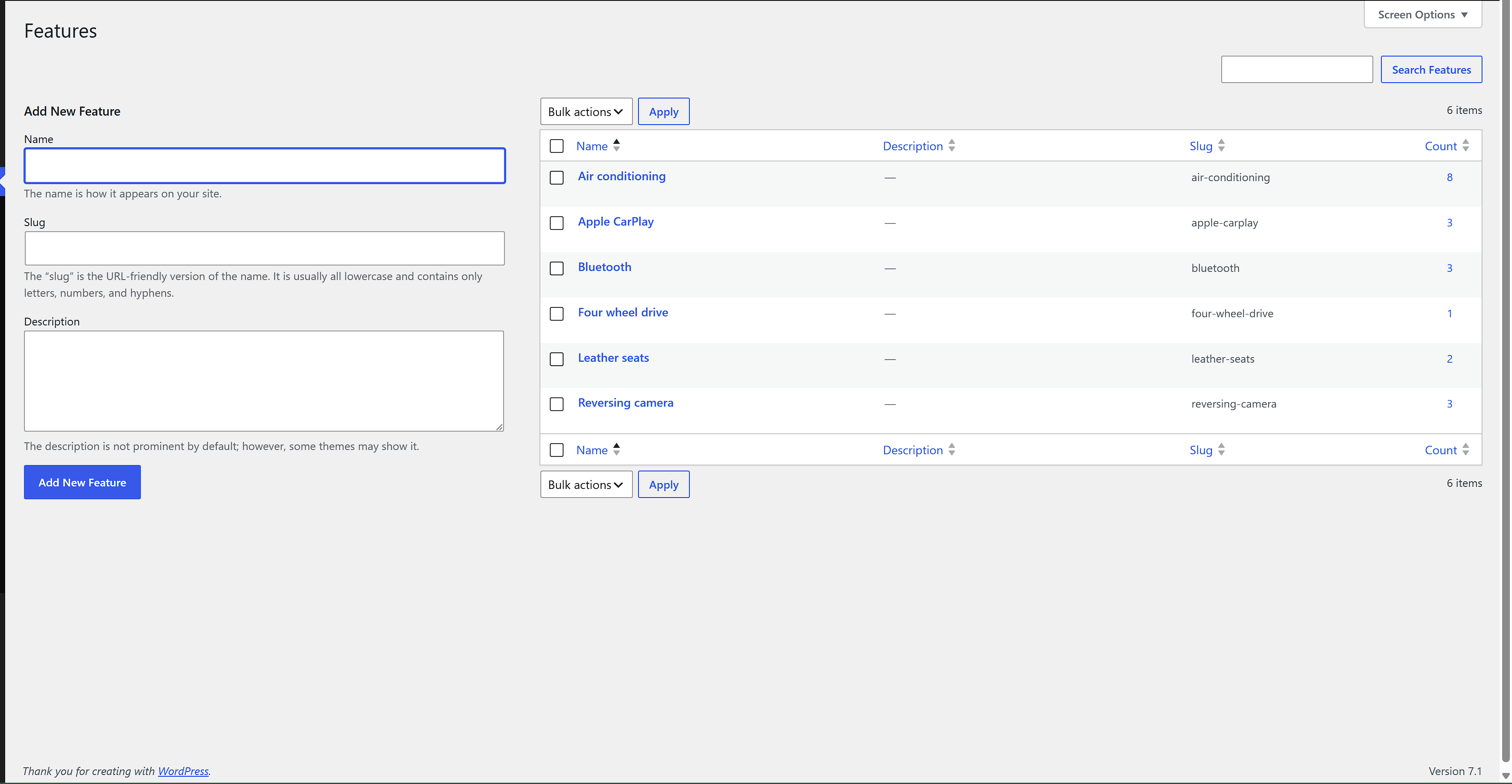 Features, which become the tick boxes a visitor filters the fleet with.
