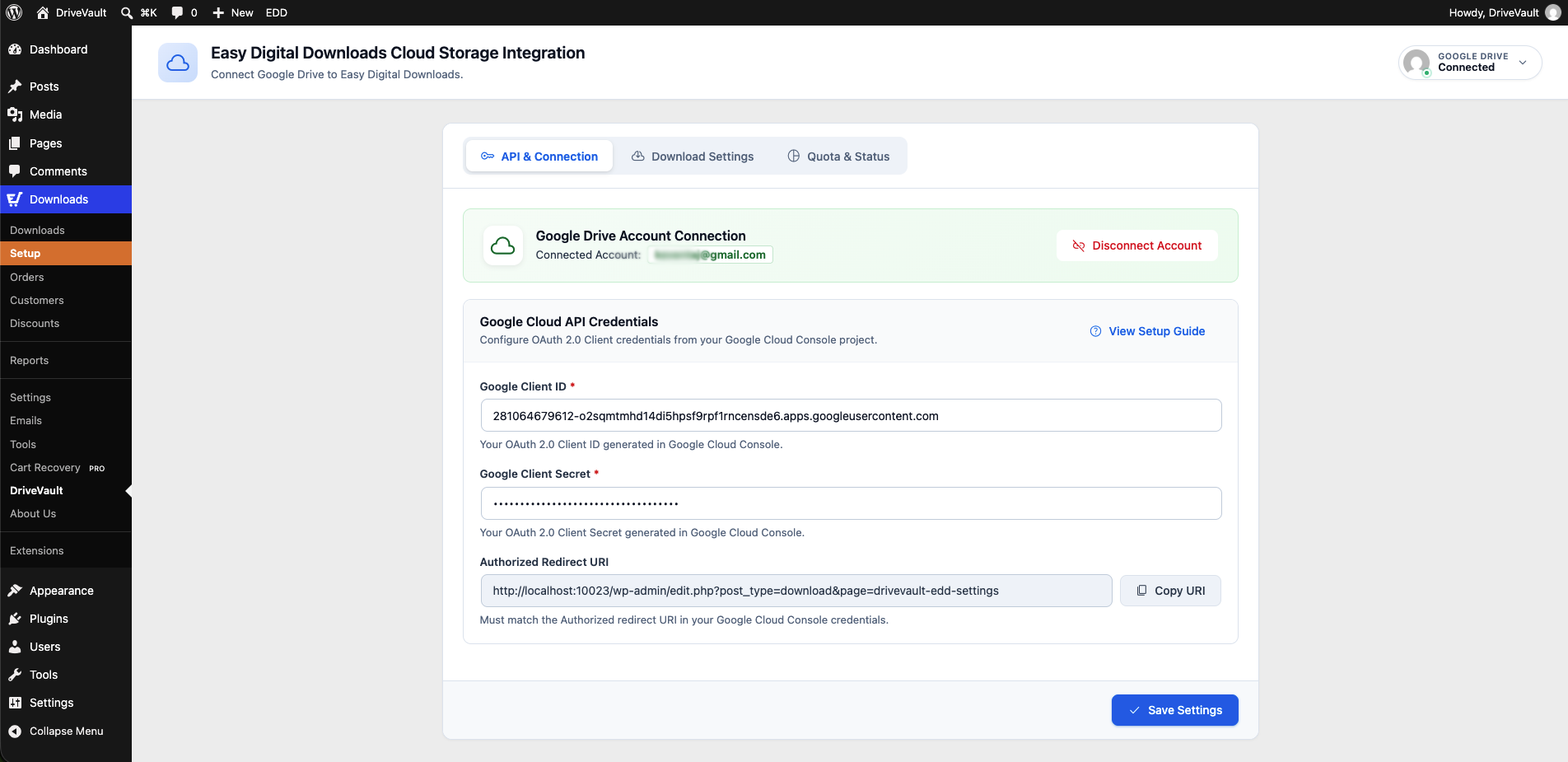 Google Drive Settings & Account Connection Dashboard in Easy Digital Downloads.