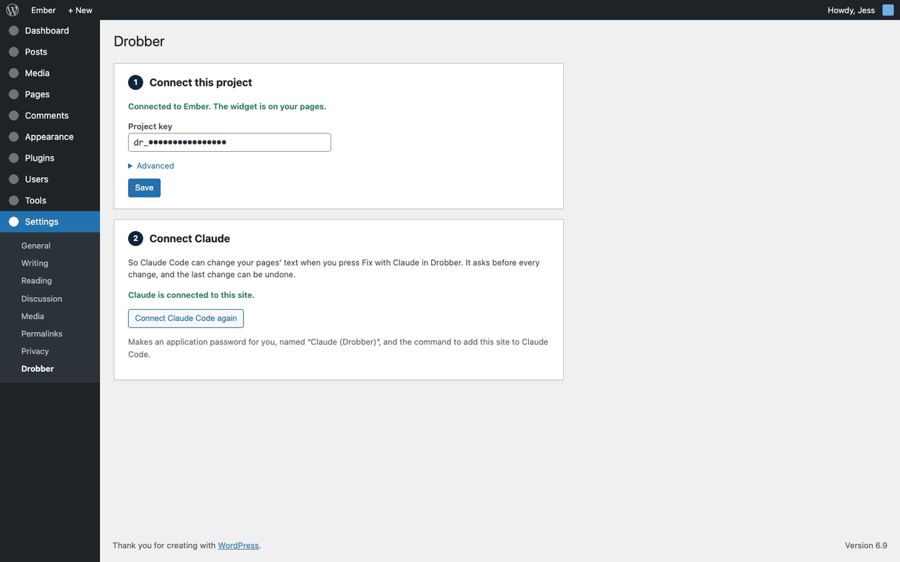 Settings > Drobber: connecting the project and Claude.