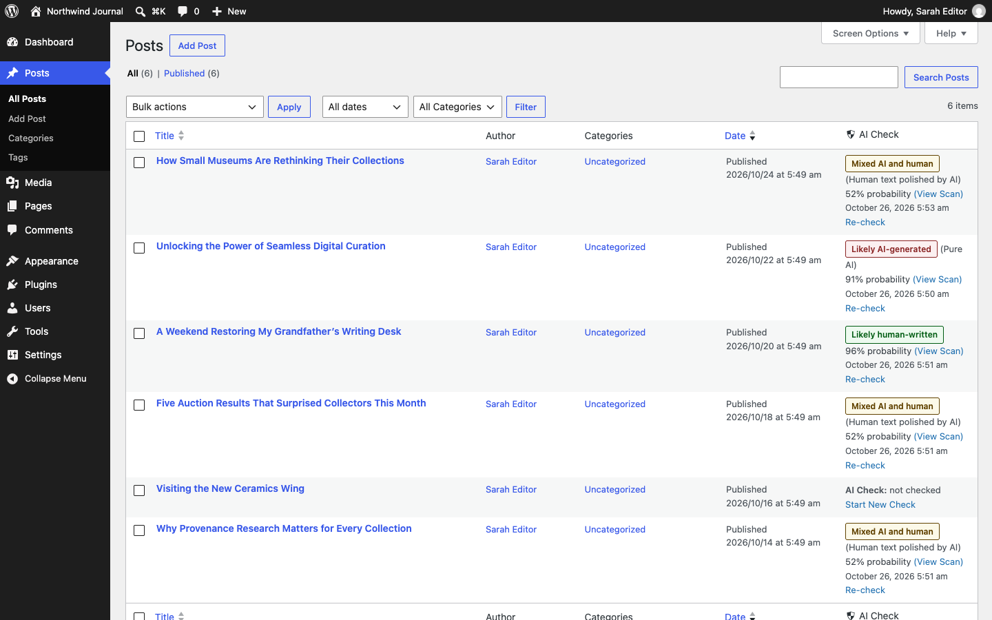 The "AI Check" column on the Posts list.