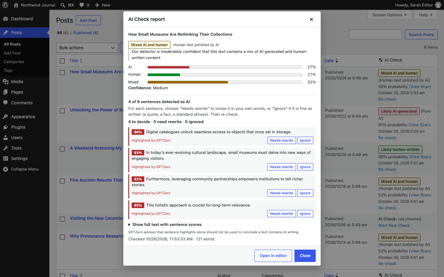 The AI Check report, opened from the Posts list.