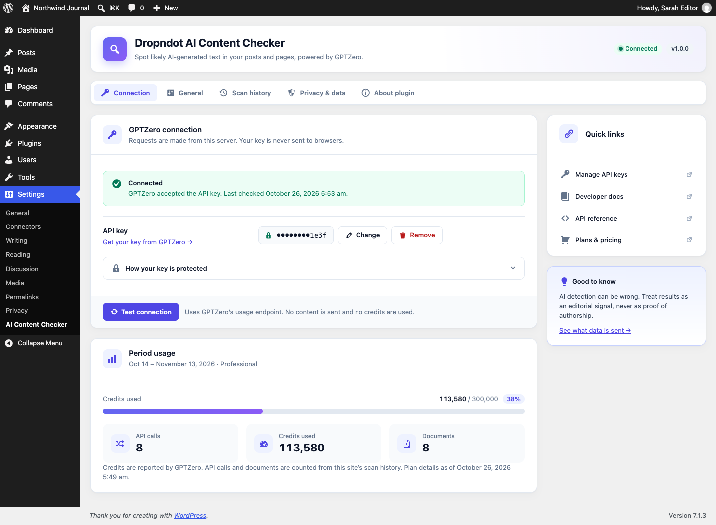 Settings → Connection: encrypted API key, connection test and plan usage.