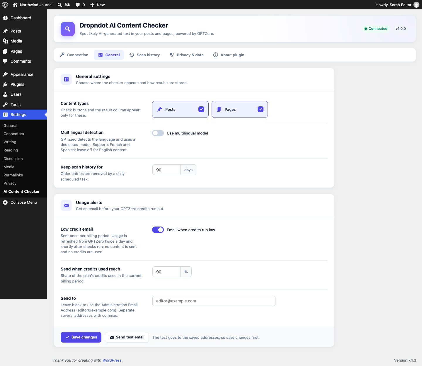 Settings → General: content types, multilingual detection, history retention and low credit email alerts.