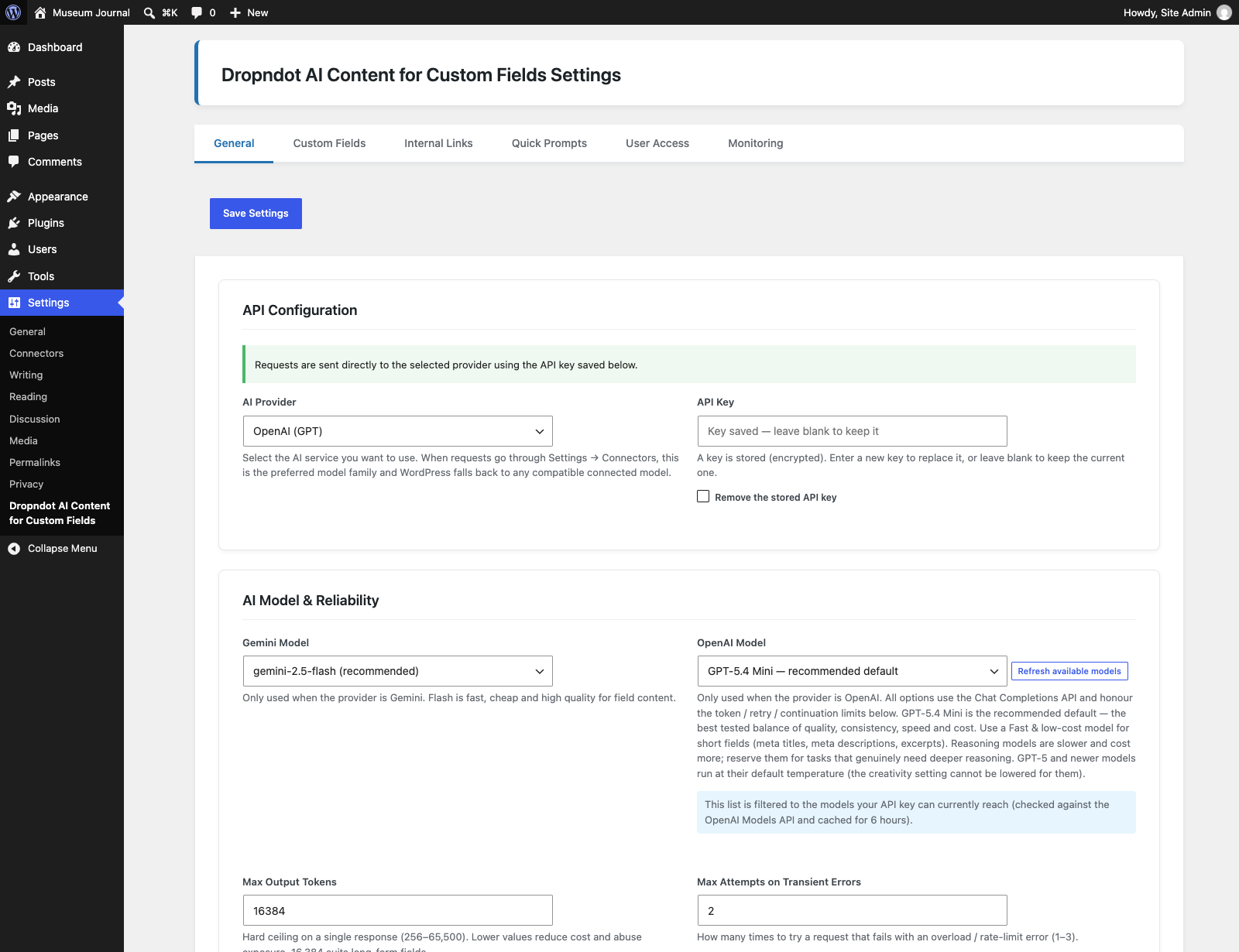 Settings page with API configuration and connection status