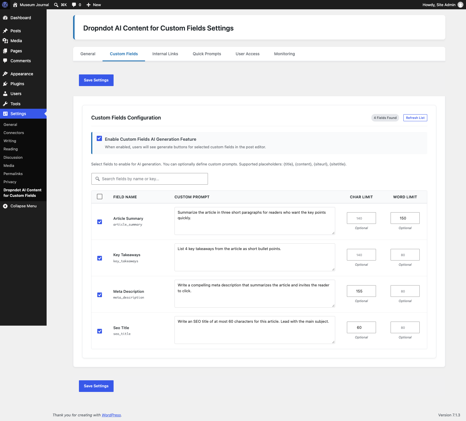 Custom fields selection interface with character/word limits