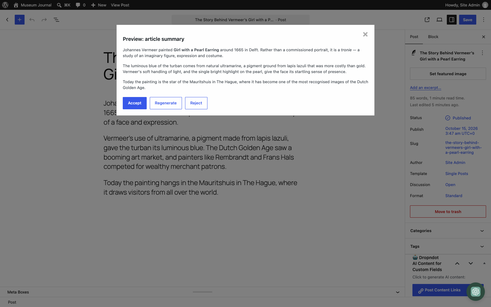 Content generation modal with preview